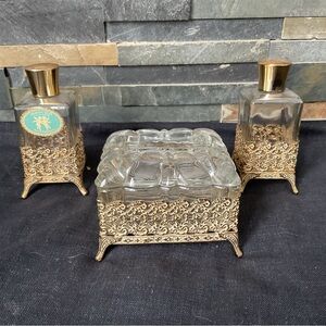Vintage Glass w/ Gilded metal footed Perfume bottles & trinket box Set